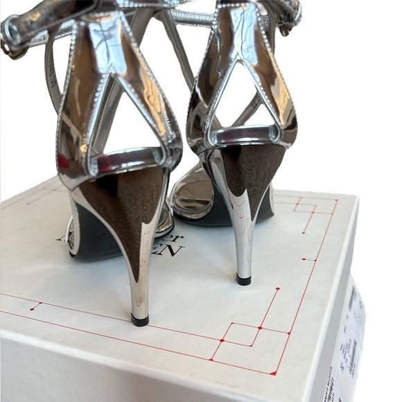Alexander McQueen Metallic Silver Mirror Sandal Heels Ankle Straps Size 36 New - Picture 6 of 14